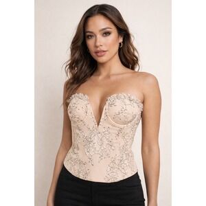 NBD Isla Lace Bustier Corset Top Floral Embroidered Romantic Chic Nude Black S
